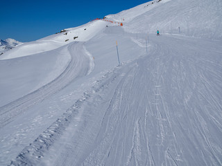 France, january 2018: Mountains with snow in winter. Meribel Ski Resort, Meribel Village Center (1450 m)