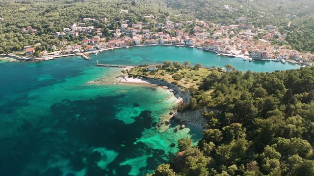 Gaios, capital city of Paxos Island, aerial view. Greece.