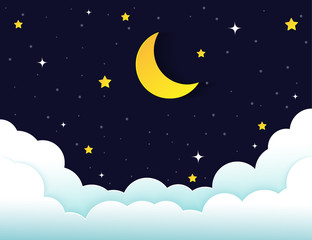 Naklejka na ściany i meble night sky with stars and moon. paper art style.Vector of a crescent moon with stars on a cloudy night sky. Moon and stars background.Vector EPS 10.