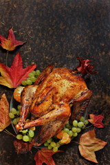 Thanksgiving background. turkey on a dark background. view from above. copy space. top view