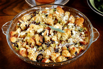 Thanksgiving dish of bread - Stuffing with mushrooms. Thanksgiving Day. the traditional dishes for Thanksgiving. square format