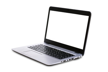 Perspective view of Laptop computer with blank screen isolated on white background. Clipping Path include in this image.