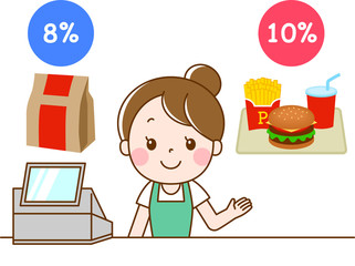 軽減税率を説明するハンバーガーショップの女性店員