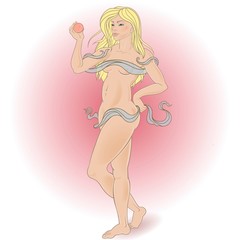 Beautiful girl in Eden with garden leaves with apples and snake.