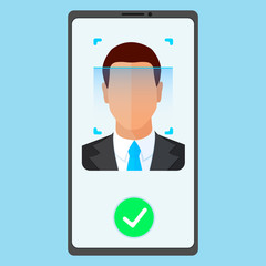 Face ID recognition and identification system. Scanning process man's face on the screen mobile phone. Biometric identification app. Flat style vector concept illustration isolated on blue bacground.