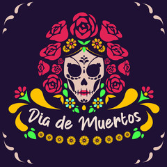 Day of the Dead poster Female skull with Rose Flowers, holiday's name in Spanish