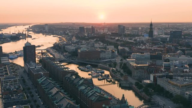 Aerial view of Hamburg cityscape before sunset