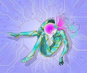 Obraz premium beautiful girl astronaut in cyber space suit floating in space, on the day of cosmonautics