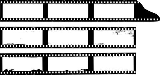 Obraz premium empty panorama photographic film, film negatives, photo frames, on grungy paint splashes background, free space for pix,vector mockup