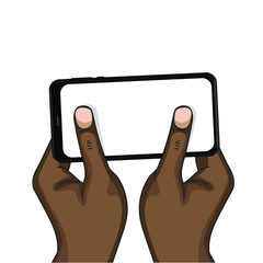 African American holds the phone with his hands. Vector graphics