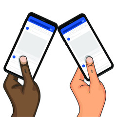 Hands holding a smartphone with a social network. International people. Color of the skin. Social media marketing reaching potential customers. People holding smartphones with shop items on the screen