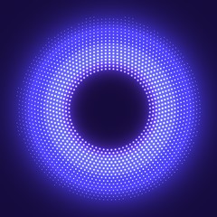 Neon glowing dots around the circle frame. Vector halftone Points of blue color lights in round shape. Abstract geometric technology background of glowing particles