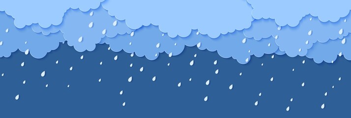Rain and clouds in paper cut style. Vector storm weather concept with falling water drops from the cloudy sky. Storm papercut background template for autumn monsoon discounts sale banner.