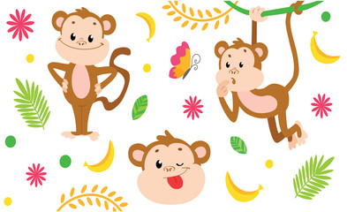 cute funny monkey jungle pattern with bananas, leaves and butterfly