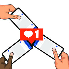 Hands holding a smartphone with a social network. International people. Color of the skin. Social media marketing reaching potential customers. People holding smartphones with shop items on the screen