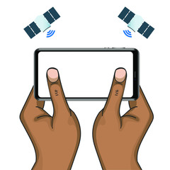 African American holds the phone with his hands. Vector graphics