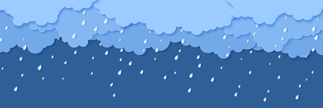Rain and clouds in paper cut style. Vector storm weather concept with falling water drops from the cloudy sky. Storm papercut background template for autumn monsoon discounts sale banner.