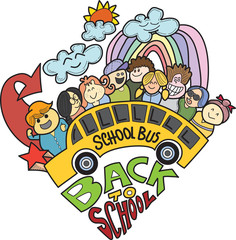 Back to School and school bus banner with texture from line art icons of education, art