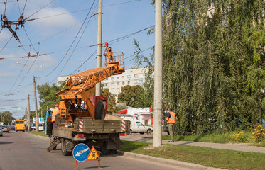 Power line repair by a team of craftsmen