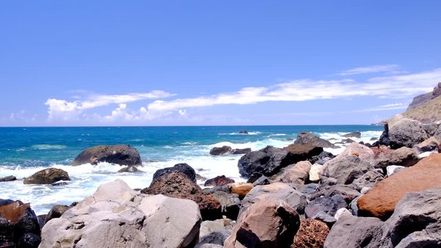 Waves hitting the South coast of Madeira island at Jardim do Mar in the middle of the Atlantic Ocean. Slow motion clip at half speed.