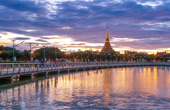 In Khon kaen at Bueng Kaen nakhon with Wat Phra Mahathat Kaen Nakhon, soft focus, travel concept, lifestyle with copy space.