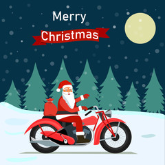 Funny Santa Claus with christmas gifts on a bike and pine tree on the night sky with stars background. Santa bike new year card