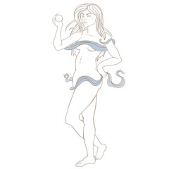 Beautiful girl in Eden with garden leaves with apples and snake.