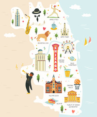 Obraz premium Mapa miasta Chicago ze słynnymi zabytkami, symbolami