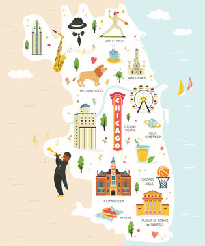Chicago city map with famous landmarks, symbols