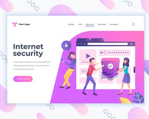 Landing page template internet security concept with office people characters.