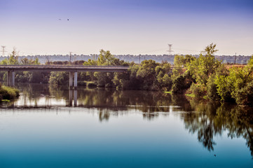 Fototapeta na wymiar Modern bridge over the Tagus river in Malpica de Tajo, province of Toledo. Spain.
