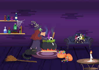 Halloween night, witch magic cooking, interior room, cartoon character, greeting card background vector