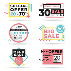 Set of modern abstract vector banners. Discount offer price label, symbol for advertising campaign in retail, sale promo marketing, ad offer on shopping. Template ready for use in web or print design