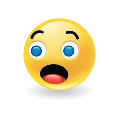 Colorful yellow round emoticon showing astonishment or amazement with wide open eyes and gaping mouth on white with drop shadow, vector illustration