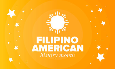 Filipino American History Month. Happy holiday celebrate annual in October. Filipinos and United States flag. Culture month. Patriotic design. Poster, card, banner, template. Vector illustration