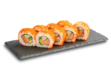 Sushi Rolls with salmon, avocado, flying fish caviar and cucumber inside isolated on white background.