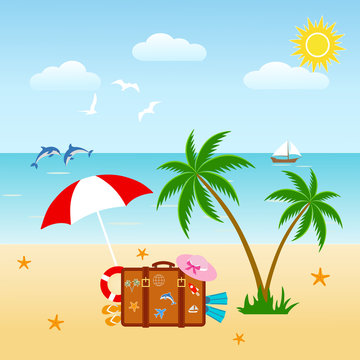 Vacation and travel concept. Sea coast with palm tree and a suitcase.