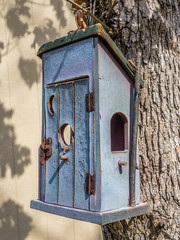 Rustic bird house hanging on the tree