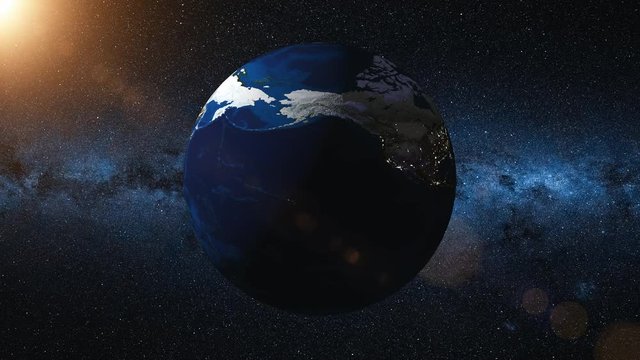 Earth rotates around its axis. World Globe surrounded by infinite space and Milky Way stars. View from Space. Change of night and day. 4k 3D Render animation. Elements of this image furnished by NASA