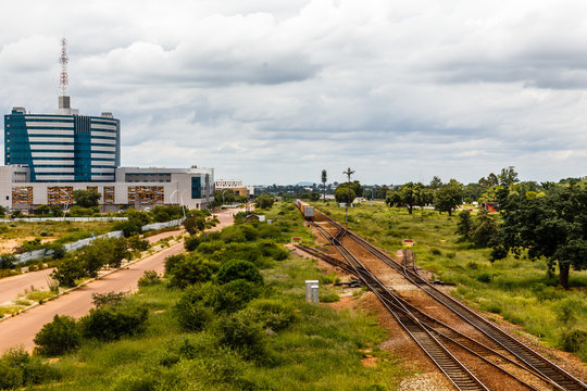 Railroad and rapidly developing central business district, Gaborone, Botswana, Africa, 2017