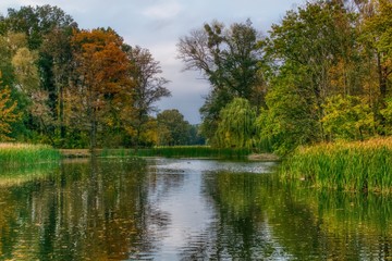 słoneczna jesienna pogoda w parku, tafla wody jeziora spokojna, odbicia drzew w wodzie, cisza i spokówj