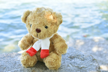 Cute Teddy bear on stone and sea background.