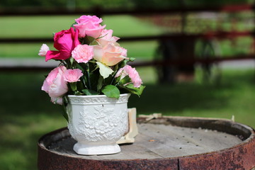 Bridal bouquet. Beautiful wedding bouquet in a white vase. Photo background wedding decoration.