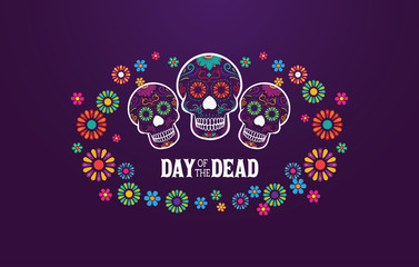 Fototapeta na wymiar Dia De Los Muertos banner skull decorated with colorful flowers, mexican event, Fiesta, party poster, holiday greeting card