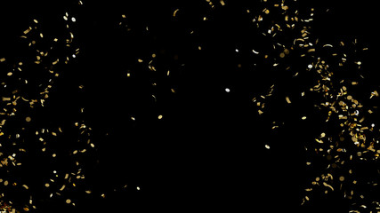 A fountain of golden confetti falling on the floor on an black background