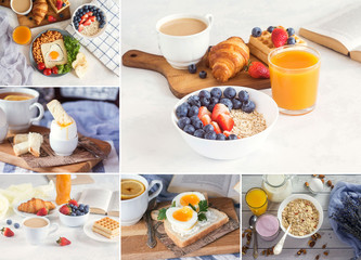 Collage from differen kind of healthy european breakfast with eggs, coffee, juice, smoothie and fresh berries