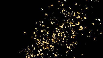 Side shot of gold confetti on an black background