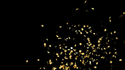 Side shot of gold confetti on an black background