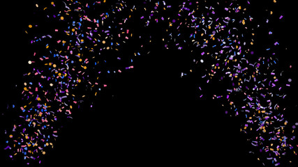 A fountain of colorful confetti falling on the floor on an black background
