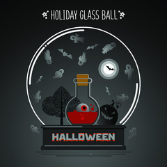 Halloween flask in a glass ball on a gray-black background